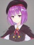  1girl artist_name bangs beret black_cape black_hat blush cape closed_mouth dated eyebrows_visible_through_hair fate/grand_order fate_(series) grey_background hat helena_blavatsky_(fate/grand_order) kuavera looking_at_viewer neckerchief portrait purple_hair red_neckwear red_ribbon ribbon shiny shiny_hair short_hair simple_background smile solo tareme upper_body violet_eyes 