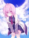  1girl bent_over black_dress blue_sky clouds cloudy_sky commentary_request dress fate/grand_order fate_(series) glasses highres lavender_eyes lavender_hair looking_at_viewer mash_kyrielight necktie sanso_(jihyeon7193) short_hair sky smile solo 