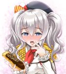  1girl beret blush bread commentary_request food grey_eyes hat highres holding kantai_collection kashima_(kantai_collection) long_hair looking_at_viewer open_mouth sexually_suggestive silver_hair solo tk8d32 twintails 