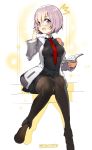  1girl :d adjusting_eyewear black_legwear book commentary_request fate/grand_order fate_(series) glasses highres looking_at_viewer mash_kyrielight naitou_ryuu necktie open_mouth pantyhose short_hair silver_hair sitting smile solo sweat sweatdrop twitter_username violet_eyes 