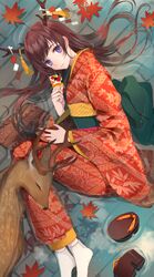  1girl animal antlers autumn_leaves bangs brown_footwear brown_hair card closed_eyes closed_mouth highres holding holding_card japanese_clothes kimono leaf leaf_print long_hair long_sleeves looking_at_viewer maple_leaf obi original platform_footwear platform_heels print_kimono red_kimono reindeer reindeer_antlers sash shide solo tabi usamochi. very_long_hair violet_eyes water white_footwear wide_sleeves zouri 