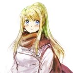  1girl bangs blonde_hair blue_eyes blush coat eyebrows_visible_through_hair fullmetal_alchemist happy long_hair looking_away ponytail scarf simple_background smile solo_focus standing tsukuda0310 white_background winry_rockbell 
