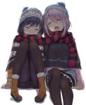  2girls blue_hair boots closed_eyes drooling fur_trim hat leaning_on_person legs_up multiple_girls open_mouth pantyhose pink_hair reinama scarf shared_scarf sitting sleeping white_background yurucamp 