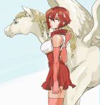  1girl blush fire_emblem fire_emblem:_mystery_of_the_emblem gloves headband horse looking_at_viewer minerva_(fire_emblem) miniskirt pegasus pegasus_knight red_eyes redhead short_hair skirt solo tnmrdgr younger 