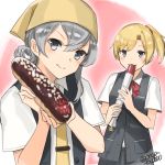  2girls :3 asymmetrical_hair bandanna bangs black_vest blonde_hair blouse blue_eyes blush bow bowtie breast_pocket buttons cowboy_shot derivative_work eclair_(food) eyebrows_visible_through_hair flipped_hair food grey_eyes hands_up holding holding_food kantai_collection looking_at_viewer maikaze_(kantai_collection) multiple_girls nowaki_(kantai_collection) parody parted_bangs pocket ponytail red_bow red_neckwear school_uniform short_hair short_ponytail short_sleeves silver_hair smile swept_bangs tie_clip torpedo twitter_username upper_body vest white_blouse yamashiki_(orca_buteo) yellow_neckwear 