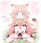 1girl :3 animal_ears blue_eyes blush capumilian character_name commentary fang farfalia full_body happy_birthday lion_ears lion_girl lion_tail long_hair looking_at_viewer open_mouth pink_hair pop-up_story smile solo tail 
