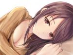  1girl blush breasts brown_eyes brown_hair cleavage closed_mouth collarbone commentary_request face idolmaster idolmaster_cinderella_girls long_hair looking_at_viewer lying medium_breasts mifune_miyu nannacy7 on_side ponytail smile solo upper_body 