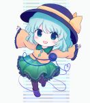  1girl :d ankle_boots bangs black_hat blue_eyes blue_hair blush_stickers boots chibi floral_print frilled_shirt_collar frilled_skirt frilled_sleeves frills green_skirt hat hat_ribbon heart heart_of_string komeiji_koishi leg_up long_sleeves looking_at_viewer medium_skirt open_mouth outstretched_arms print_skirt purple_footwear rei_(tonbo0430) ribbon rose_print shirt short_hair skirt smile solo standing standing_on_one_leg striped striped_background tareme third_eye touhou wide_sleeves yellow_ribbon yellow_shirt 