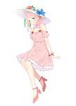  1girl absurdres blue_bow bow dress facial_mark flower frilled_dress frills full_body green_eyes hair_flower hair_ornament haruno_sakura hat hat_bow hat_flower high_heels highres long_hair naruto pika_(bilibilik) pink_dress pink_footwear pink_hair red_flower red_ribbon ribbon ribbon-trimmed_dress short_dress simple_background sitting solo sun_hat white_background white_flower white_hat wrist_cuffs 