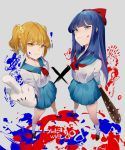  2girls blonde_hair blue_eyes blue_hair censored disney epic_mickey hillly_(maiwetea) looking_at_viewer mickey_mouse middle_finger multiple_girls no_eyes oswald_the_lucky_rabbit parody personification pipimi poptepipic popuko school_uniform smile solo weapon yellow_eyes 