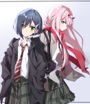  2girls aqua_eyes bag bangs black_coat blue_hair blush closed_mouth coat collared_shirt darling_in_the_franxx eyebrows_visible_through_hair eyeshadow gradient gradient_background green_eyes green_skirt grey_background grey_coat hair_ornament hairband hairclip hands_in_pockets horns ichigo_(darling_in_the_franxx) long_sleeves looking_at_viewer makeup medium_skirt multiple_girls necktie open_clothes open_coat pink_hair plaid plaid_skirt profile red_neckwear red_scarf scarf school_uniform serious shirt short_hair shoulder_bag skirt smile striped_neckwear tsuedzu v-shaped_eyebrows white_hairband white_shirt wing_collar zero_two_(darling_in_the_franxx) 