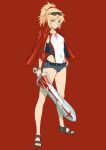 1girl belt blonde_hair braid competition_swimsuit denim denim_shorts eyewear_on_head fate/apocrypha fate_(series) flip-flops green_eyes jacket mikoyan mordred_(fate) mordred_(fate)_(all) one-piece_swimsuit red_jacket sandals short_shorts shorts simple_background solo sunglasses swimsuit sword weapon 