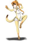  bare_shoulders bracelet elbow_gloves eyebrows_visible_through_hair fighting_stance frilled_leotard frills gloves golden_snub-nosed_monkey_(kemono_friends) highres jewelry kemono_friends leotard long_hair monkey_ears monkey_tail multicolored_hair smile standing standing_on_one_leg tail thigh-highs user_rrrm2784 v-shaped_eyebrows 