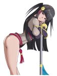  1girl ass beads bent_over black_eyes black_hair bodystocking bracelet breasts cowboy_shot fire_emblem fire_emblem_heroes fire_emblem_if flag flagpole hairband highres impossible_clothes jewelry kogamon large_breasts leaning_forward leaning_on_object lips long_hair looking_at_viewer short_twintails simple_background skin_tight smile solo standing syalla_(fire_emblem_if) tassel thighs twintails white_background 