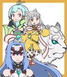  1boy android animal animal_ears bangs blue_hair blunt_bangs bodysuit byakko_(xenoblade) cat_ears cyborg elbow_gloves expressionless eyebrows forehead_protector gloves hood hotaru_(xenoblade) kos-mos kos-mos_re: long_hair looking_at_viewer niyah red_eyes ribbon short_hair silver_hair smile tiger trap very_long_hair xenoblade xenoblade_2 xenosaga yellow_bodysuit yellow_eyes 