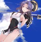  1girl :d bangs belt black_dress black_gloves capelet commentary_request dress glaive gloves kantai_collection mechanical_halo neck_ribbon open_mouth parted_bangs purple_hair red_ribbon remodel_(kantai_collection) ribbon short_hair smile solo tatsuta_(kantai_collection) violet_eyes yumesato_makura 