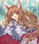  1girl :d animal_ears brown_hair dress embellished_costume fang frilled_sleeves frills imaizumi_kagerou long_hair long_sleeves marker_(medium) nail_polish open_mouth red_eyes red_nails rui_(sugar3) smile tail touhou traditional_media wide_sleeves wolf_ears wolf_tail 
