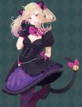  1girl :o alternate_costume animal_ears argyle argyle_legwear artist_name bangs beads bell black_cat_d.va black_dress black_gloves blonde_hair blush bow breasts cat_ears cleavage corset d.va_(overwatch) dress fang full_body gloves hand_up heart high_heels jewelry jingle_bell konoumin lolita_fashion looking_at_viewer one_leg_raised open_mouth overwatch pantyhose pink_bow puffy_short_sleeves puffy_sleeves purple_skirt short_sleeves skirt solo standing tail tail_bell twintails yellow_eyes 