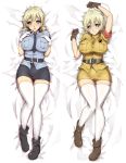  1girl bangs bed_sheet belt black_footwear blonde_hair blue_shirt blue_skirt blush boots breast_pocket breasts brown_footwear brown_gloves closed_mouth dakimakura emblem eyebrows_visible_through_hair finger_to_mouth from_above full_body gloves gluteal_fold hands_on_own_chest hellsing highres large_breasts long_hair looking_at_viewer low_twintails lying military military_uniform miniskirt multiple_views necktie nose_blush on_back open_mouth packge pocket police police_uniform seras_victoria shirt short_sleeves skirt skirt_set smile thigh-highs twintails uniform white_gloves white_legwear yellow_shirt yellow_skirt zettai_ryouiki 
