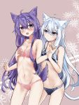  2girls absurdres ahoge akatsuki_(kantai_collection) animal_ears bangs bare_arms bare_shoulders black_bra black_panties blue_eyes blue_hair blush bra breast_grab breasts brown_background cat_ears cat_girl cat_tail cleavage closed_mouth commentary_request dog_ears dog_girl dog_tail eyebrows_visible_through_hair fang grabbing grabbing_from_behind groin hair_between_eyes hibiki_(kantai_collection) highres kantai_collection kemonomimi_mode multiple_girls navel open_mouth panties pink_bra pink_panties purple_hair resonancq sidelocks small_breasts tail underwear underwear_only v-shaped_eyebrows violet_eyes yuri 