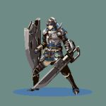  1girl armor armored_boots belt blue_eyes blue_hair boots breastplate charge_blade chibi_inu closed_mouth full_body gauntlets helmet holding holding_shield holding_sword holding_weapon insect_cage knight long_hair looking_afar lowres metal monster_hunter monster_hunter:_world pixel_art shield solo standing sword thigh-highs weapon zettai_ryouiki 