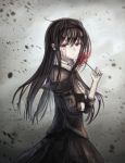  1girl akemi_homura black_dress black_hair blood bloody_tears dress flower funeral_dress grey_background hairband highres long_hair mahou_shoujo_madoka_magica mahou_shoujo_madoka_magica_movie pale_skin red_eyes reki_(irisynth) solo spider_lily 