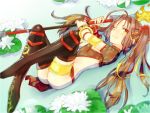  1girl armlet boots bracelet brown_hair fate/grand_order fate_(series) flower jewelry lotus navel nezha_(fate/grand_order) one_eye_closed partially_submerged polearm scrunchie spear thigh-highs thigh_boots thighlet twintails water weapon 