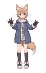  1girl ahoge animal_ears black_gloves black_legwear blonde_hair boots brown_hair eyebrows_visible_through_hair fang flying_sweatdrops fox_ears fox_girl fox_tail full_body gloves highres hood hoodie kneehighs looking_at_viewer original shirt shone short_hair shorts simple_background solo standing tail thick_eyebrows white_background 