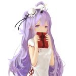  1girl azur_lane bangs box breasts bun_cover china_dress chinese_clothes commentary_request covered_mouth dress gift gift_box hair_between_eyes hair_bun higandgk highres holding holding_gift long_hair looking_at_viewer on_head one_side_up purple_hair short_sleeves side_bun simple_background small_breasts solo stuffed_animal stuffed_toy stuffed_unicorn unicorn_(azur_lane) very_long_hair violet_eyes white_background white_dress 