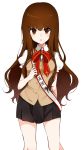  1girl :o bangs black_skirt bow brown_eyes brown_hair eyebrows_visible_through_hair fate/extra fate/extra_ccc fate_(series) highres kishinami_hakuno_(female) long_hair looking_at_viewer miniskirt pleated_skirt puffy_short_sleeves puffy_sleeves red_bow school_uniform short_sleeves skirt solo takae_(poupee_en_biscuit) very_long_hair vest white_background 