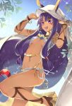  1girl :d adjusting_hair animal_ears annojou_haruto breasts commentary_request dark_skin fate/grand_order fate_(series) long_hair looking_at_viewer navel nitocris_(fate/grand_order) open_mouth purple_hair smile solo under_boob violet_eyes 