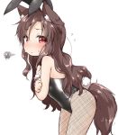  1girl animal_ears bare_shoulders black_legwear black_leotard blush brown_hair bunny_tail bunnysuit covering covering_breasts embarrassed fake_animal_ears fishnet_pantyhose fishnets from_side imaizumi_kagerou leaning_forward leotard long_hair natsu_no_koucha pantyhose rabbit_ears red_eyes simple_background solo strapless strapless_leotard tail touhou white_background wolf_ears wolf_tail 
