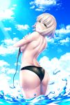  1girl arched_back ass back bangs bare_arms bare_shoulders bikini black_bikini blue_sky blush breasts clenched_teeth clouds cloudy_sky commentary_request cowboy_shot day eyebrows_visible_through_hair fate/grand_order fate_(series) from_behind from_below glaring gradient_sky hair_between_eyes hand_on_own_arm highres jeanne_d&#039;arc_(alter)_(fate) jeanne_d&#039;arc_(fate)_(all) legs_together light_rays looking_at_viewer looking_back looking_down medium_breasts nakamura_tenjin nose_blush outdoors pale_skin scowl shiny shiny_hair short_hair shoulder_blades silver_hair sky solo sparkle standing sunlight swimsuit teeth thighs v-shaped_eyebrows wardrobe_malfunction water water_drop wet yellow_eyes 