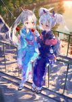  2girls absurdres animal_ears ayanami_(azur_lane) azur_lane bangs black_footwear blue_kimono blush bow breath candy_apple commentary_request covering_mouth daitai_sotogawa_(futomomo) eyebrows_visible_through_hair fingernails floral_print food hair_between_eyes hair_bow headgear highres holding holding_food japanese_clothes kimono laffey_(azur_lane) leaf long_hair long_sleeves looking_at_another multiple_girls new_year obi outdoors parted_lips petals pink_bow print_kimono purple_kimono rabbit_ears railing sash silver_hair sitting stairs stone_stairs tabi very_long_hair water white_footwear wide_sleeves zouri 