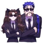  1boy 1girl :&lt; alternate_costume bangs black_jacket black_neckwear black_ribbon blue_hair collared_shirt crossed_arms eyebrows_visible_through_hair facing_viewer fake_mustache fate/stay_night fate_(series) formal hair_over_shoulder hair_ribbon jacket lancer linluv long_hair long_sleeves looking_at_viewer necktie parted_bangs ribbon serious shirt simple_background suit sunlight tohsaka_rin twintails v-shaped_eyebrows white_background white_shirt wing_collar 