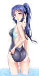  1girl :o back_cutout blue_hair blush breasts commentary_request cowboy_shot highres long_ponytail looking_at_viewer looking_back love_live! love_live!_sunshine!! matsuura_kanan one-piece_swimsuit sidelocks simple_background solo swimsuit v-shaped_eyebrows violet_eyes wading white_background yopparai_oni 