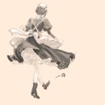  1girl apron bad_id from_behind hair_bun maid onohana puffy_sleeves sepia_background shoes short_hair solo star walking 