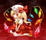  blonde_hair checkered checkered_floor dress flandre_scarlet hat ponytail rainbow_order red_background red_dress red_eyes shiori_(xxxsi) short_hair side_ponytail sitting solo touhou v_arms wariza wings 