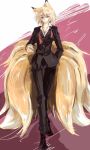  alternate_costume animal_ears blonde_hair contemporary formal fox_ears fox_tail hand_in_pocket multiple_tails nehan no_hat no_headwear pant_suit red_eyes short_hair sketch smile solo suit tail thigh_gap touhou yakumo_ran 