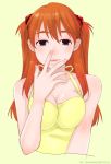  breasts bust cleavage dress face finger_to_mouth hair_ornament hairclip hands long_hair neon_genesis_evangelion orange_hair rebuild_of_evangelion shikinami_asuka_langley solo souryuu_asuka_langley t-ihn 