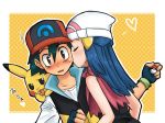  1boy 1girl beanie blue_hair blush cheek_kiss creatures_(company) game_freak gen_1_pokemon hat heart hikari_(pokemon) kiss love m1523m nintendo pikachu pokemon pokemon_(anime) pokemon_(creature) pokemon_dppt satoshi_(pokemon) snicker 