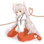  blush fujiwara_no_mokou hair_ribbon heart long_hair mono_(recall) pants red_eyes ribbon silver_hair sitting solo touhou very_long_hair 