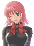  1girl bangs bow breasts female green_eyes hair_ornament hair_tubes long_hair one_eye_closed open_mouth pink_hair quiz_magic_academy red_bow ruquia school_uniform short_hair signature simple_background smile solo upper_teeth white_background wink yukihiro 