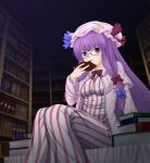 1girl bespectacled book crescent glasses hat hero_rice highres library long_hair patchouli_knowledge purple_eyes purple_hair solo striped touhou very_long_hair violet_eyes voile 
