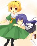  blonde_hair blue_hair fang furude_rika glomp hairband higurashi_no_naku_koro_ni houjou_satoko hug long_hair multiple_girls pantyhose sailor_dress school_uniform shirt short_hair skirt suspenders yuzuki_(artist) 