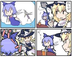  4koma cirno comic dai-oki drinking flyswatter kirisame_marisa lowres mosquito oekaki slapping straw thought_bubble touhou translated 