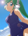 android ape_escape beach blue_eyes charu_(ape_escape) green_hair lensflare long_hair ponytail robot_ears robot_joints sky smile sun water 