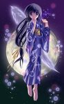  black_hair blue_eyes feathers feet japanese_clothes kimono long_hair moon ribbon single_wing wings yukata 