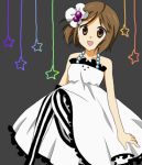  bad_id bare_shoulders bow brown_eyes brown_hair don&#039;t_say_lazy don't_say_&quot;lazy&quot; dress hair_bow hirasawa_yui k-on! open_mouth pantyhose smile solo star striped striped_pantyhose usako vertical-striped_legwear vertical_stripes 