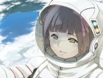  astronaut brown_hair earth green_eyes hair_ribbon idolmaster ribbon short_hair smile solo spacesuit 